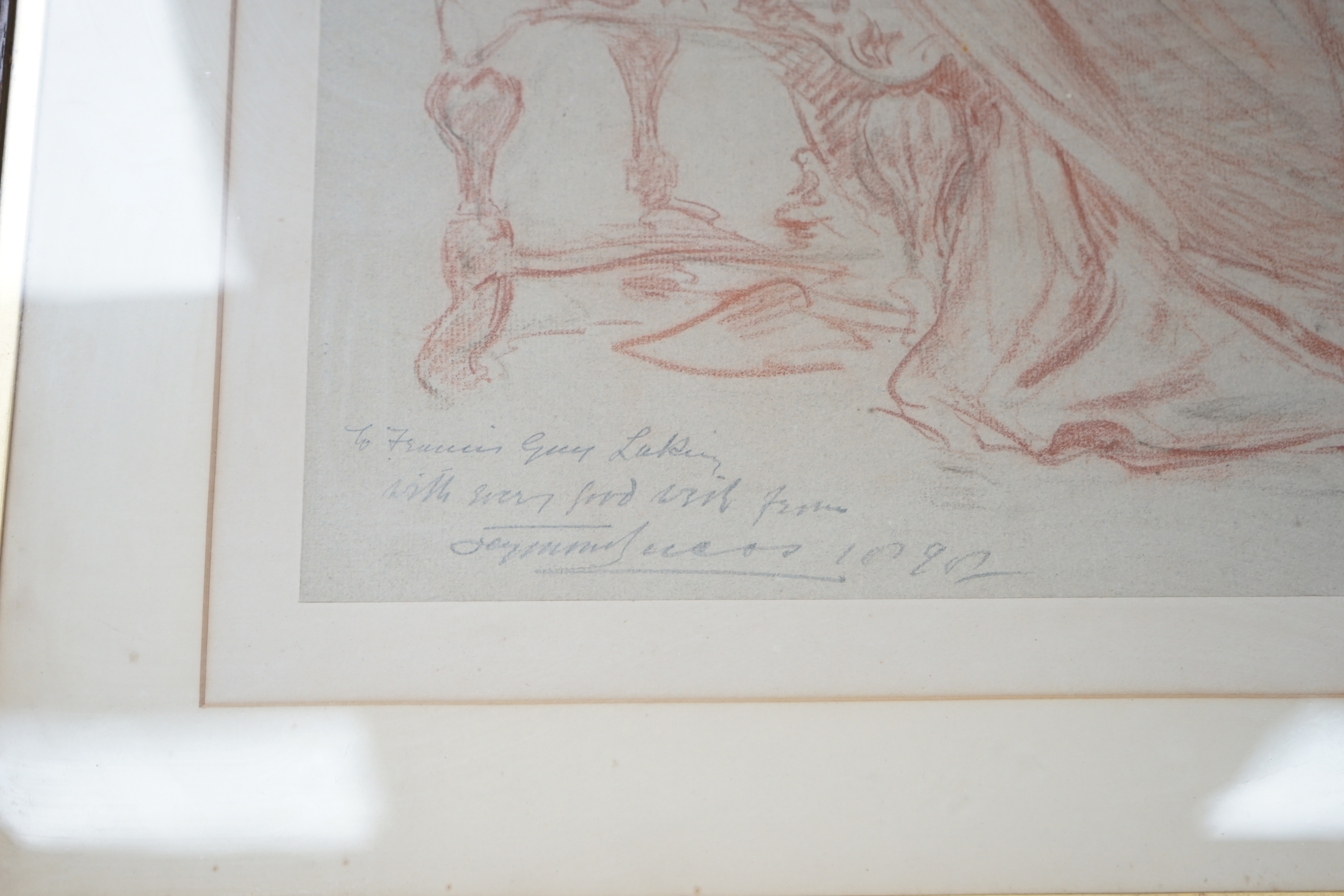 John Seymour Lucas (1849-1923), heightened sanguine chalk, Study of a seated lady, inscribed and signed in pencil, 51 x 36cm